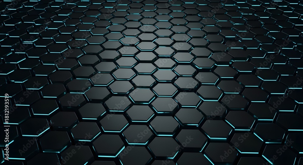Naklejka premium Futuristic Dark Hexagonal Metal Grid with Glowing Cyan Outlines