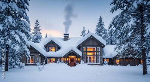 Snowy cabin in the woods with smoke coming from the chimney at dusk