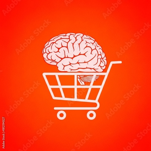 Brain in shopping cart neuromarketing concept illustration showing human mind linked to consumer behavior, decision making, psychology, marketing strategies, and modern digital advertising symbolism