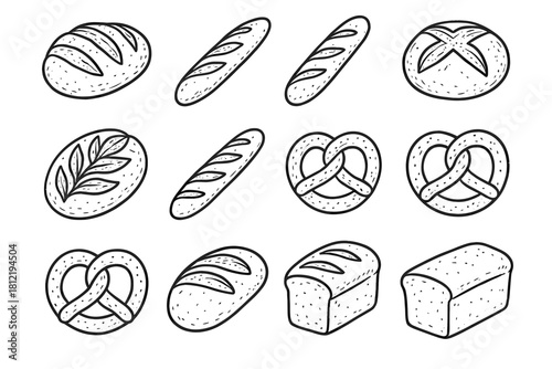 Loaf pretzel bakery collection baguette vector icon artisan set outline bread