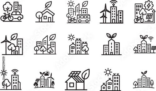  Bold green city icon set featuring eco buildings, clean energy, sustainability, nature and urban elements.