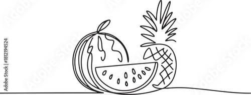 Continuous line design of watermelon, pineapple and coconut on the beach. one line Icon drawing with white background
