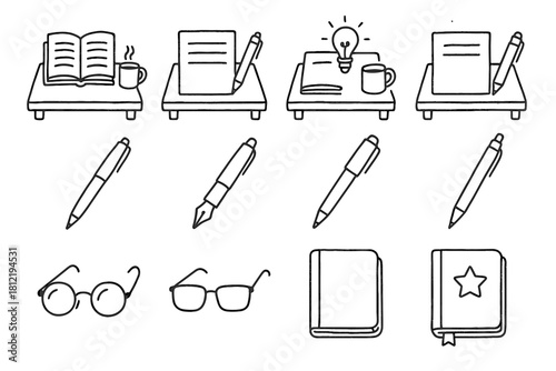 Line desk icons vector glasses icon pen creative writing rough diary
