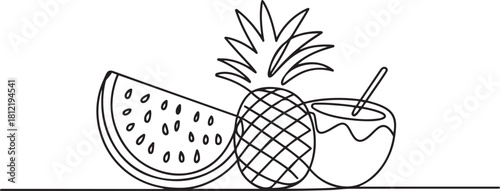 Continuous line design of watermelon, pineapple and coconut on the beach. one line Icon drawing with white background