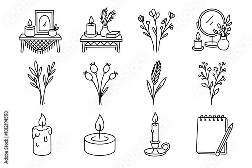 Icon boho decor flame dried candlelight desk vector candle flowers notepad icons
