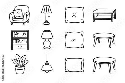Coffee room cushion table icons cozy vector icon lamp decor collection home