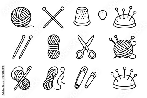 Tools yarn thimble essentials crafting icons outline vector icon pin cushion knitting