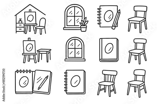 Atelier creative setup sketchbook chair vector window light icons home icon handdrawn