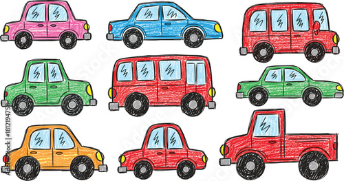 Funky Naive Crayon Kid Cars Illustration Set.