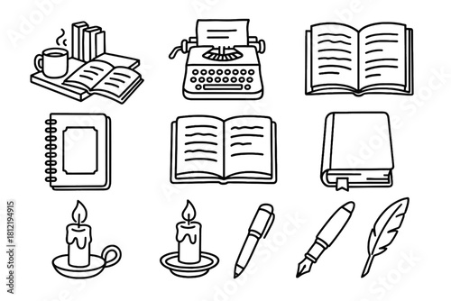 Pen icon sketch setup writer creative notebook candle s artistic vector set