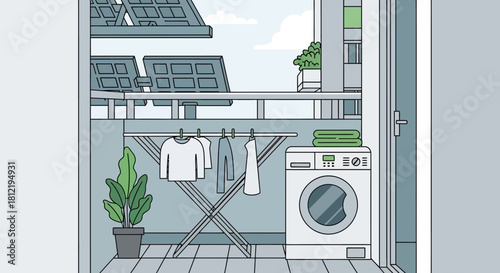 Illustration of a laundry room with a washing machine, drying rack with clothes, and potted plant on a balcony with solar panels in a modern setting.