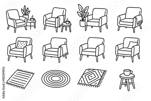 Vector corner home chair set rug cozy decor pencil icon stool cup