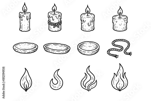 Icon tray candlelight candle set rough stone flame vector rope rustic