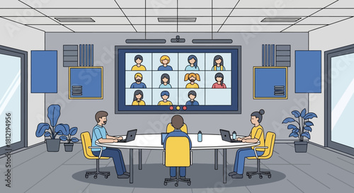 Illustration of a diverse team in a modern office participating in a video conference with remote colleagues on a large screen display.