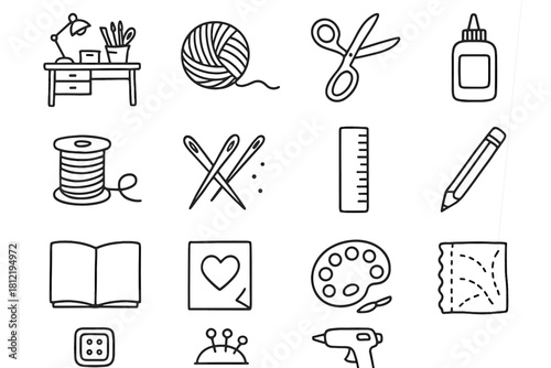 Desk vector icons icon set scissors yarn craft outline crafting glue home