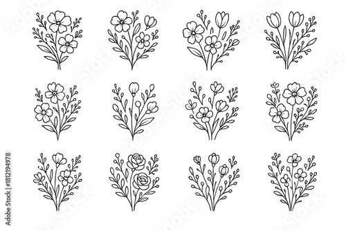 Icon delicate sprigs small garden ink floral icons sketch vector buds bouquet