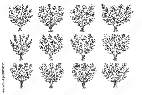 Icon collection floral vector hand leaves stems line drawn set bouquet wildflowers