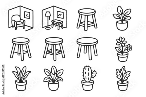 Pot corner icon small stool vector pencil table flower home interior