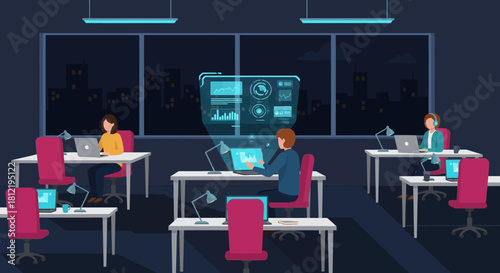 Illustration of people working on laptops in a modern office at night with blue lighting and a city view.