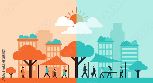 Illustration of a cityscape divided into orange and blue halves with silhouetted people walking, trees, and buildings under sun and clouds.