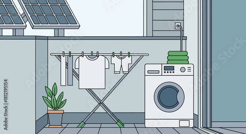 Illustration of a laundry room with a washing machine, drying rack with clothes, potted plant, and solar panels on the roof, in a modern, minimalist style with a clean and eco-friendly mood.