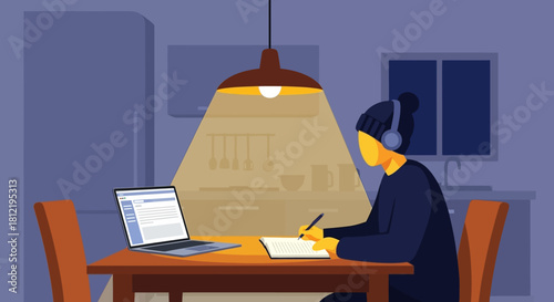 Illustration of a focused individual working on a laptop and writing notes at a desk under a hanging lamp in a dimly lit room with a calm and productive mood.