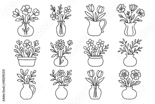 Artistic soft floral vase outlines icon collection still sketch life vector