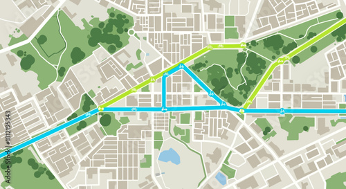 Aerial view of a city map with highlighted routes in blue and yellow on a beige background with green spaces.