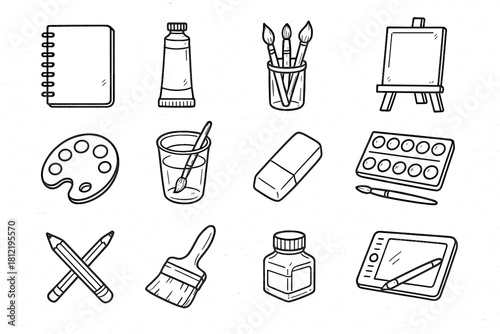 Outline cozy vector creative supplies wooden scattered doodle desk icons icon rough