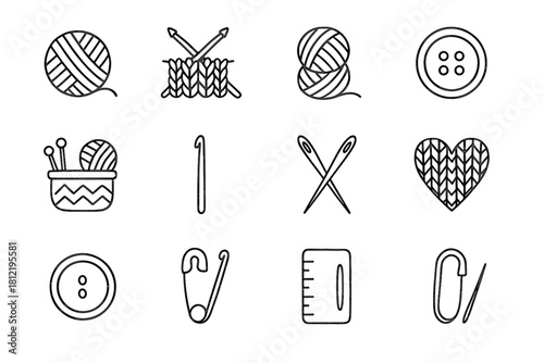 Minimalist layout icon threads vector yarn set buttons knitting pencil icons tools
