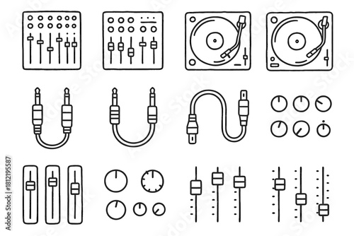Turntable studio knobs music icon collection cable mixer vector gear control