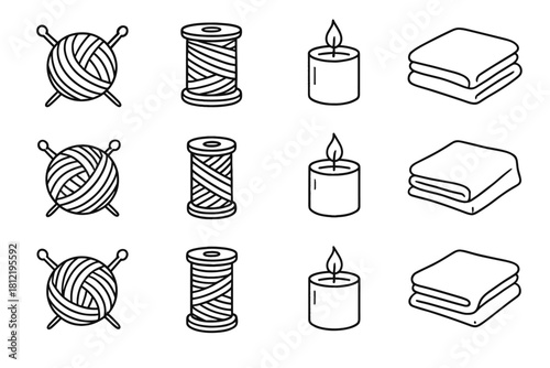 Yarn knitting line cloth spools serene grid vector composition folded candle icon