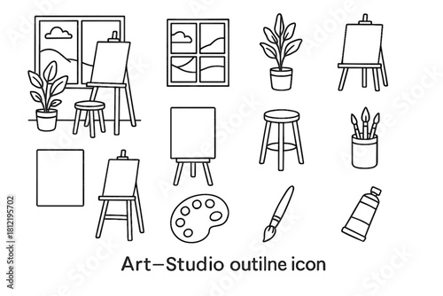 Peaceful vector art view icon easel set studio composition stool window icons