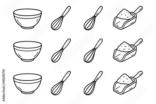 Whisk scoop flour baking mixing vector setup bakery icon bowl set artistic