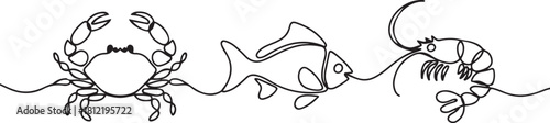 Continuous line design of crabs, fish and shrimp. one line Icon drawing with white background