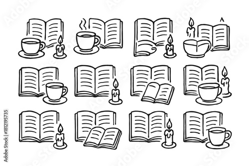 Icon icons candle reading beside novel lit cozy minimal tea open cup