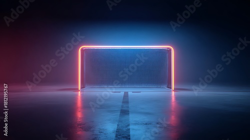 Neon illuminated soccer goal on a dark reflective surface