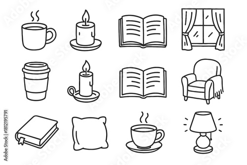 Weekend window book icons cozy reading icon calm sketch vector candle open