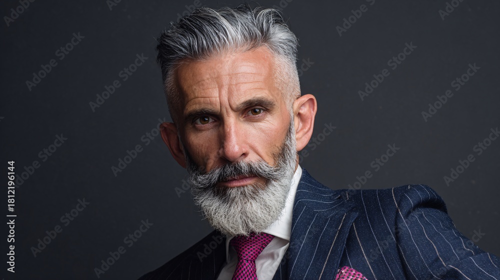 Fototapeta premium Confident mature man with gray hair and beard wearing striped suit against dark background