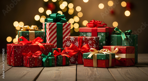 Pile of christmas presents wrapped in colorful paper with ribbons