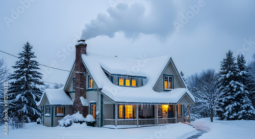 A cozy house covered in snow with smoke coming out of the chimney