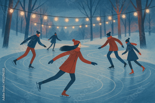 Festive winter illustration of people ice skating on a frozen pond under string lights. Snow-covered trees, cozy clothing, and dusky sky evoke joy, serenity, and seasonal community celebration.