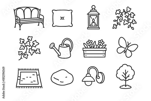 Icon courtyard set vector rug light flower small metal stone watering plant