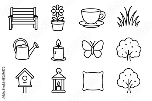 Icons pot wooden tree relaxation icon butterfly flower vector can watering garden