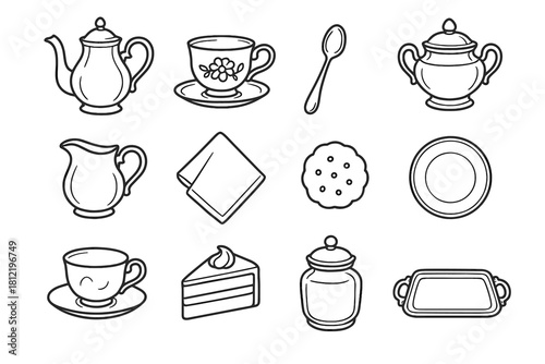 Service tray icon cup slice milk napkin vector jar spoon cookie tea