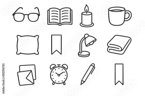 Vector icons clock collection book lamp pillow reading marker mug glasses candle