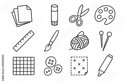 Ruler cutting stick craft vector pins scissors marker yarn glue icons diy