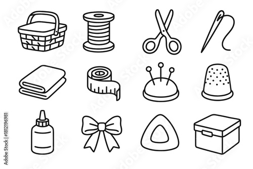 Basket glue fold box measuring organizer icons sewing chalk pincushion icon vector