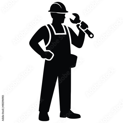 Silhouette of a construction worker standing with a wrench in hand isolated on white background