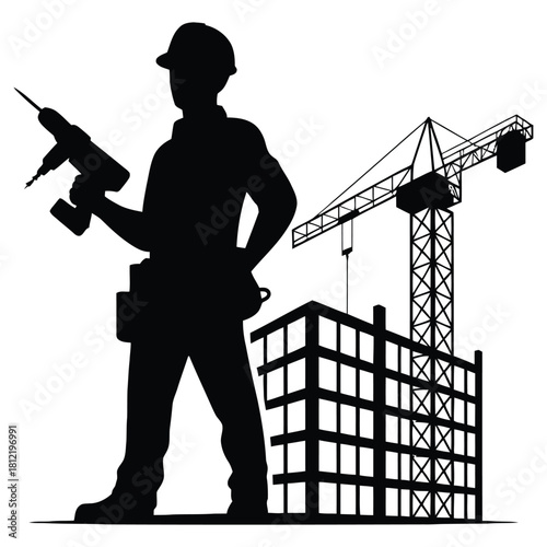 Silhouette of a construction worker with a drill and a construction site isolated on white background